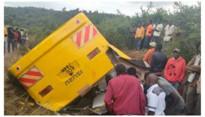 Two pupils from Tumaini Emmanuel Academy lost their lives on Friday morning after their school bus veered off the road and plunged into a ditch in Kibugu, Embu County