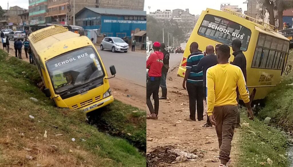 A school bus veered off the road and plunged into a ditch after the driver fell sick while driving.