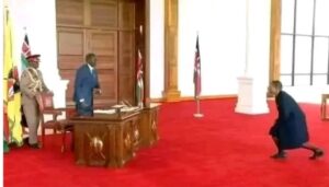 Justin Muturi has raised concerns over an image circulating on social media showing Attorney General Dorcas Oduor nearly kneeling before President William Ruto.