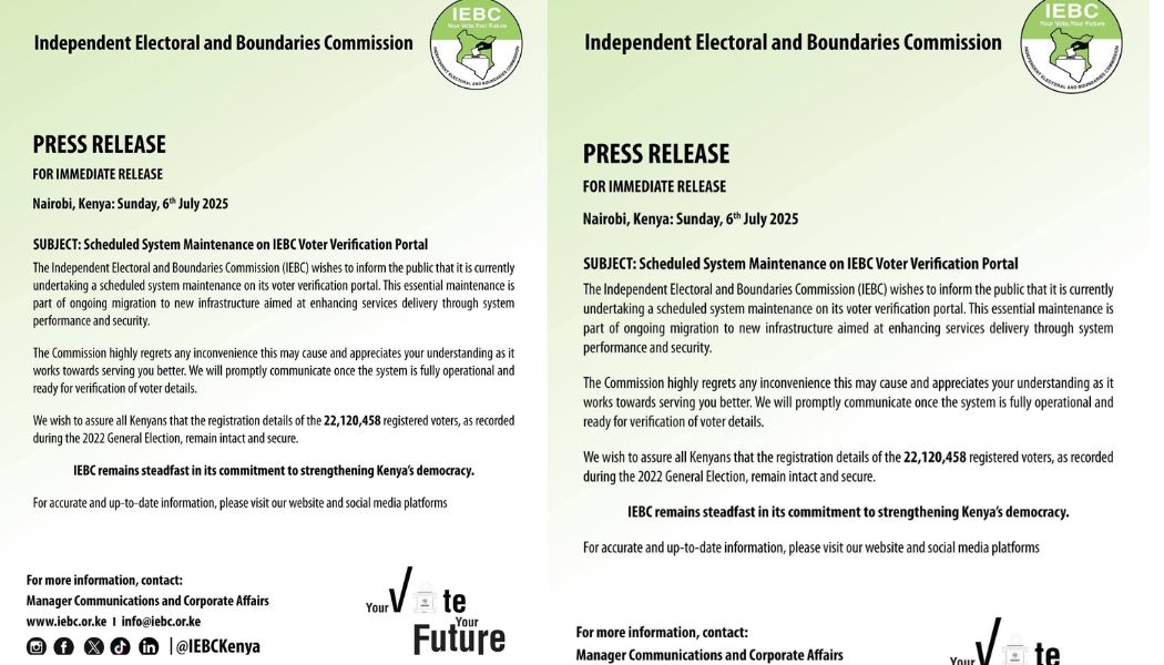 Independent Electoral and Boundaries Commission (IEBC) has issued a public statement explaining the unavailability of its voter verification portal.