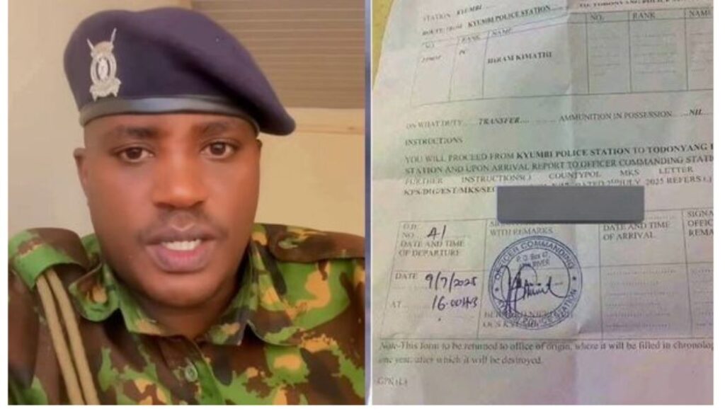 Police Constable Hiram Kimathi has refused to comply with a transfer order after opposing a 'shoot order' issued by his superiors.