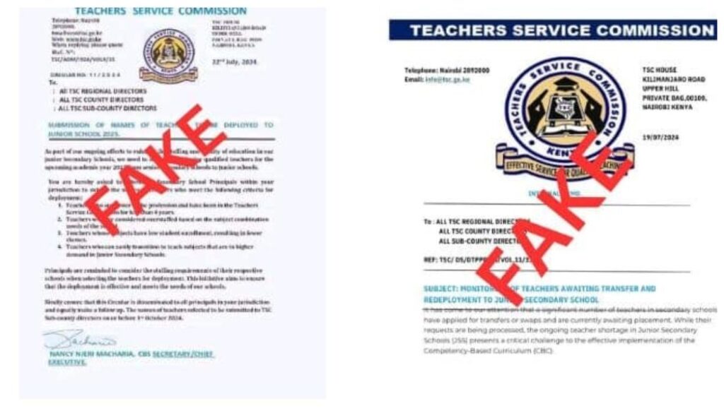 Teachers Service Commission (TSC) has cautioned the public to be wary of fake appointment letters, dismissing one such document circulating online