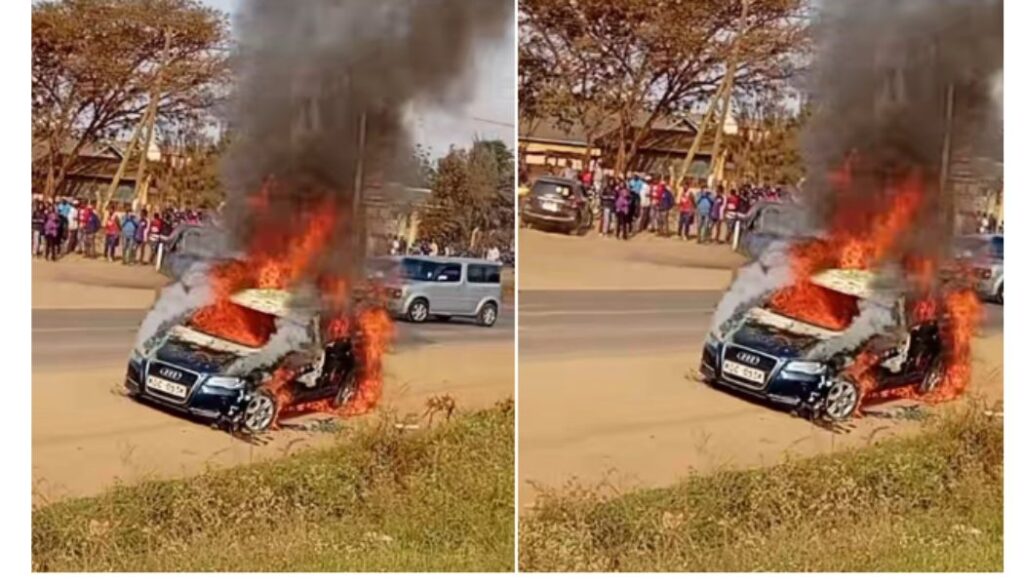 Boda boda operators have set a car on fire in Makongeni, Thika, after it was involved in a fatal accident.