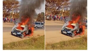Boda boda operators have set a car on fire in Makongeni, Thika, after it was involved in a fatal accident.
