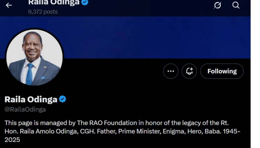 The late former Prime Minister Raila Odinga’s social media platforms will now be managed by the RAO Foundation