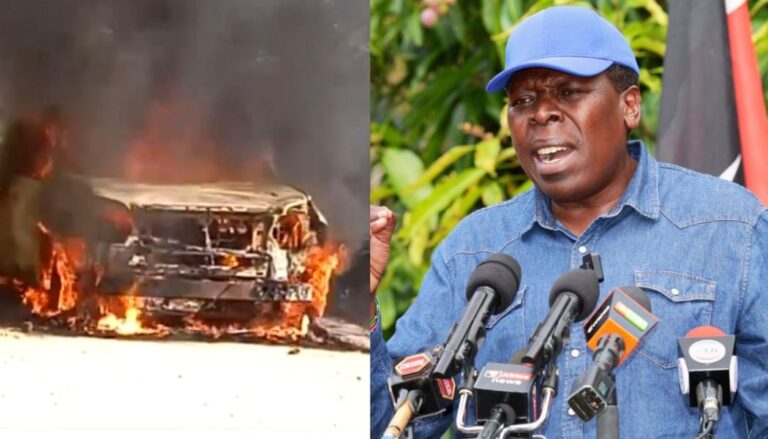 A vehicle belonging to DAP-K Party leader Eugene Wamalwa was shot at and set ablaze in Malava during the ongoing by-election exercise. 