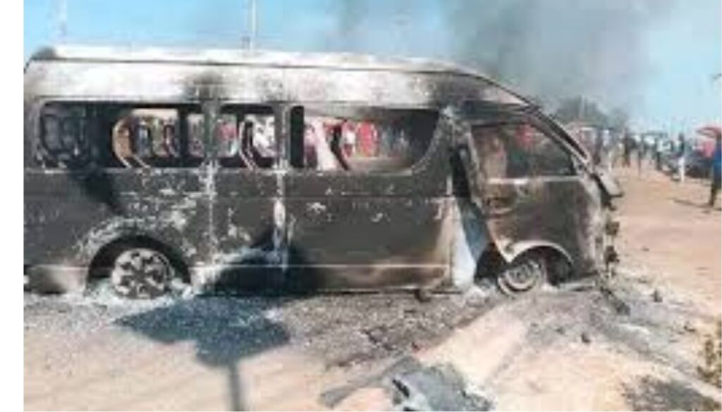 A 14-seater matatu was set on fire on Wednesday, December 31, by angry boda boda riders following a fatal accident along the Nairobi-Nakuru highway in Gitaru.