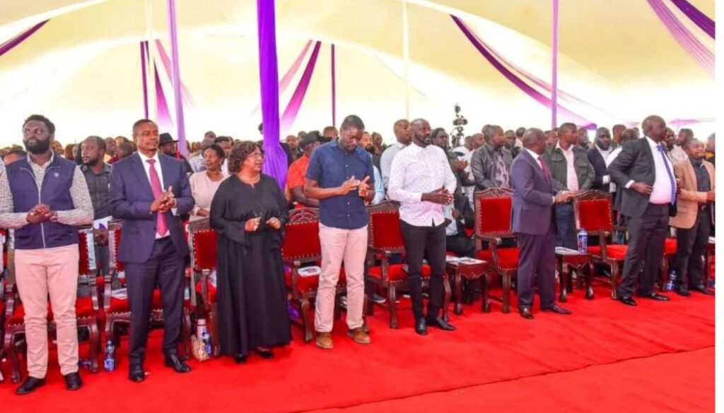 Nairobi senator Edwin Sifuna joined former deputy president Rigathi Gachagua and other dignitaries attending the funeral service of Alice Wangari Gakuya,