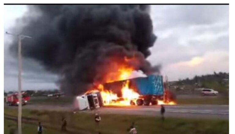 There was a traffic snarl-up after a fuel tanker collided with a trailer and burst into flames on Mombasa Road, Athi River.