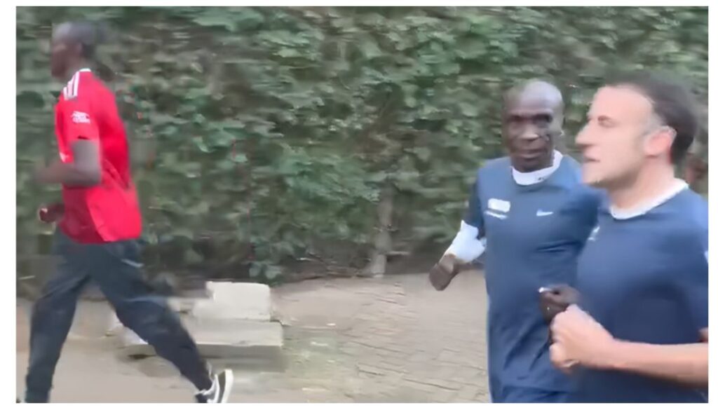 French President Emmanuel Macron in a morning run with Kipchoge in Nairobi