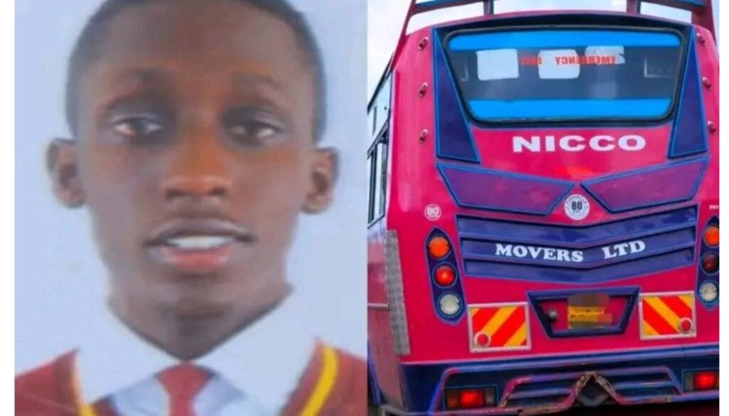 A Kenyan high school student en route to sit for his upcoming examinations has died after allegedly being thrown from a moving Nicco Sacco bus.